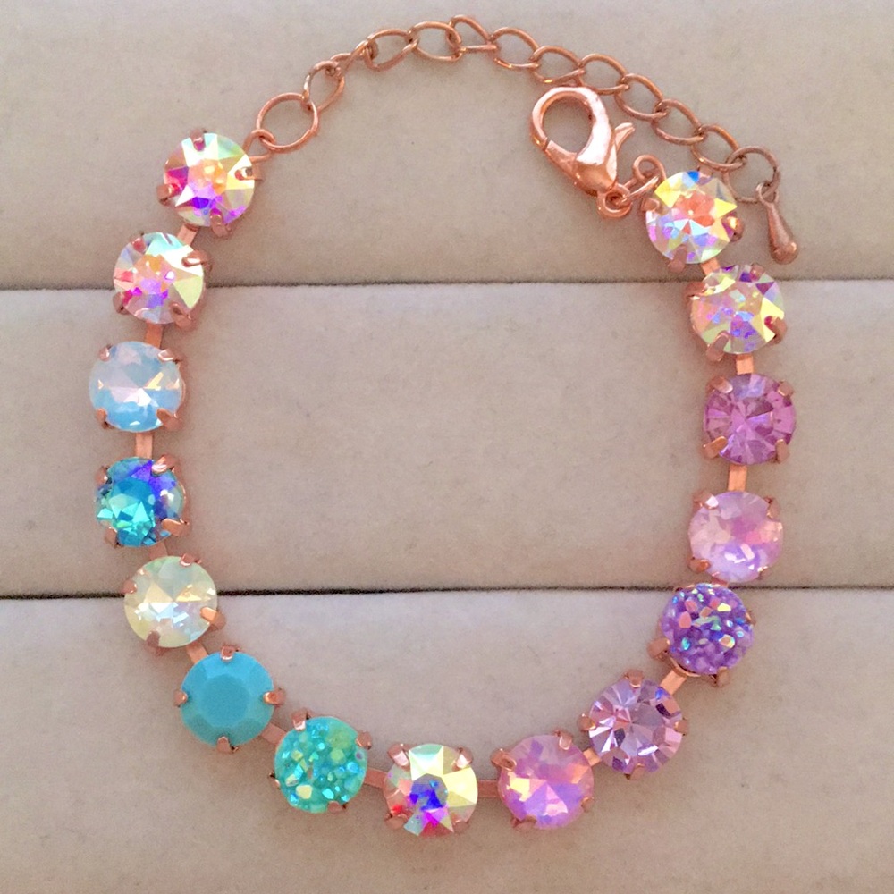 Iridescent Turquoise + Purple Opal Ombre Rose Gold Crystal Tennis Bracelet - Picture 8 of 10
